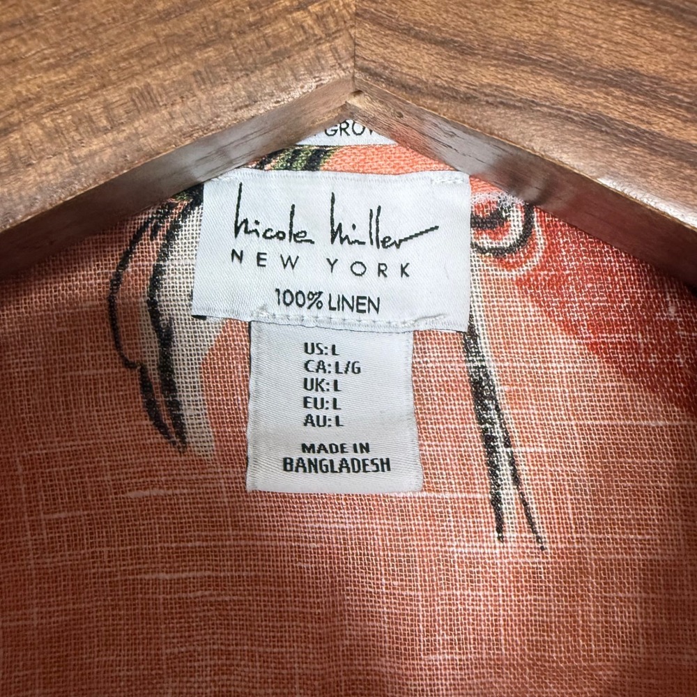 Nicole Miller European Grown Flax 100% Linen Palm Tree Button Down Blouse Large - Picture 3 of 13
